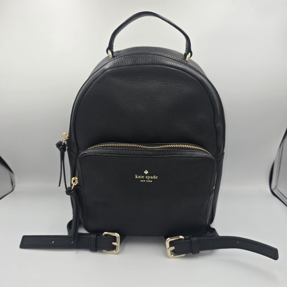 KATE SPADE Small Black Pebbled Leather Backpack Gold Accents EUC